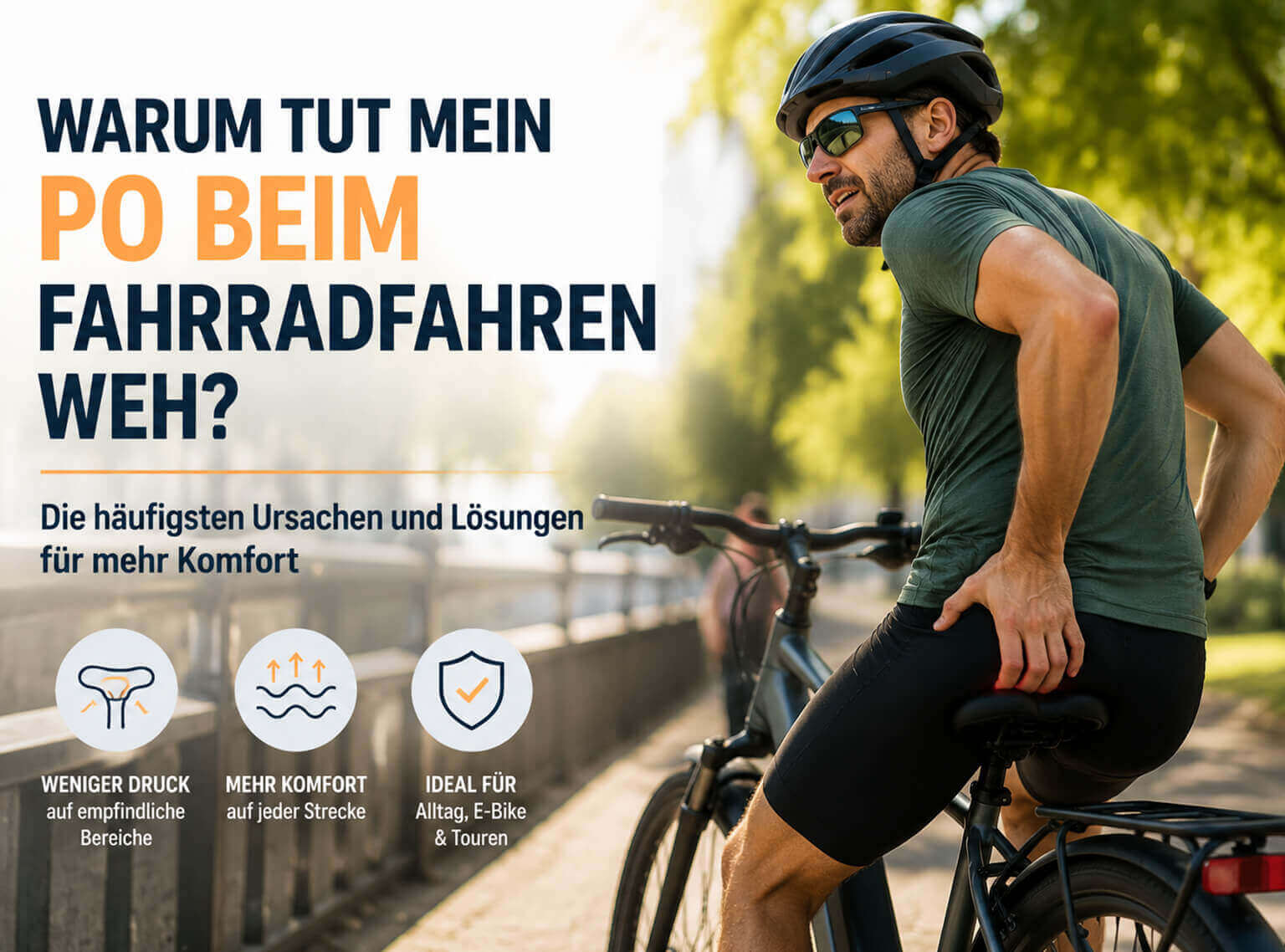 Radfahrer mit Beschwerden beim Fahrradfahren und ergonomischer Fahrradsattel für mehr Komfort