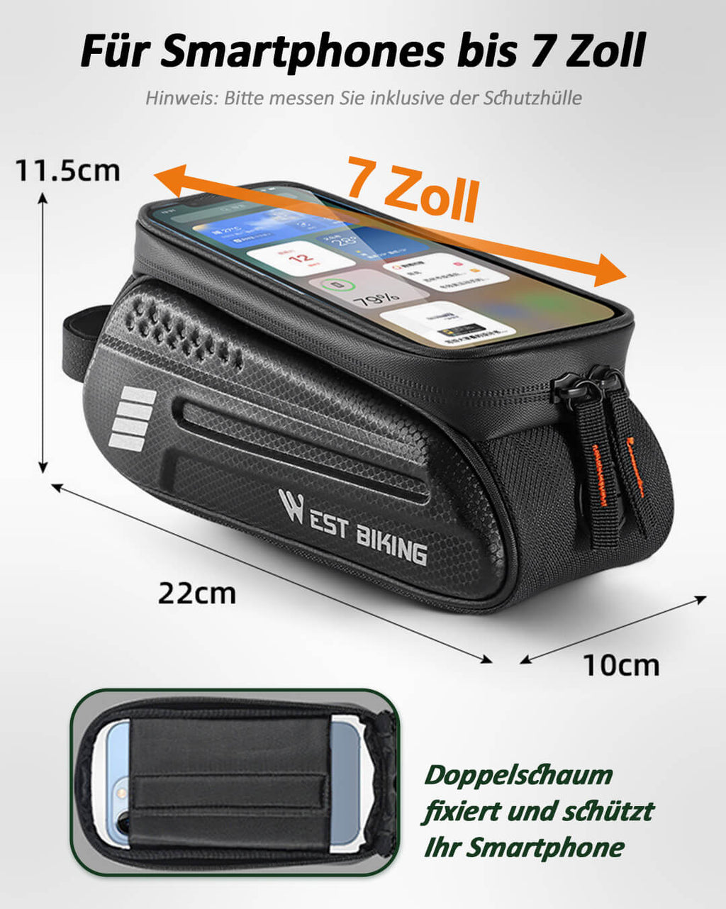 Fahrrad Handytasche Wasserdicht – Fahrrad Rahmentasche für Smartphones bis 7 Zoll mit TPU Touchscreen