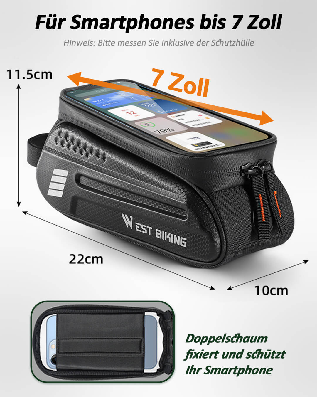 Fahrrad Handytasche Wasserdicht – Fahrrad Rahmentasche für Smartphones bis 7 Zoll mit TPU Touchscreen