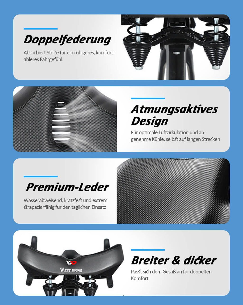 Bequemer Fahrradsattel mit Doppelfederung und Leder-Oberfläche