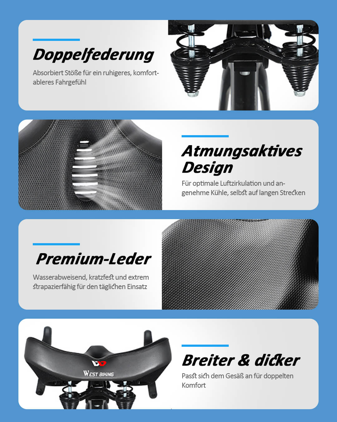 Bequemer Fahrradsattel mit Doppelfederung und Leder-Oberfläche