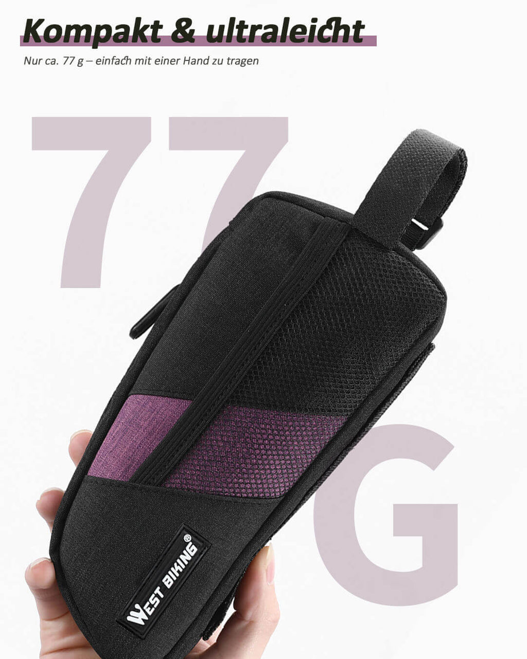 Ultraleichte Bike Oberrohrtasche wiegt nur 77 Gramm.