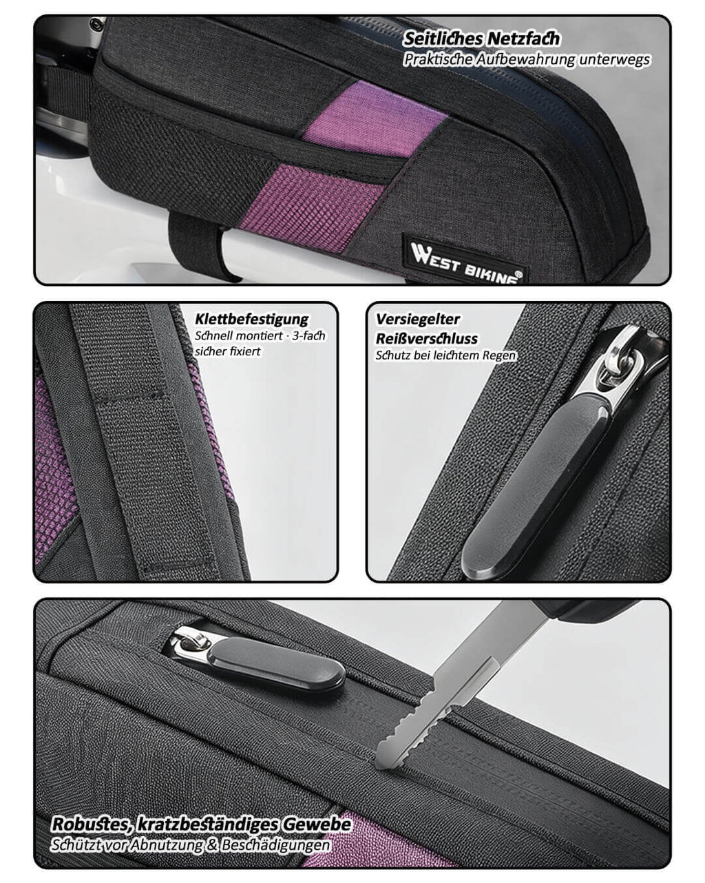 Fahrrad Oberrohrtasche mit kratzfestem Gewebe im Detail.