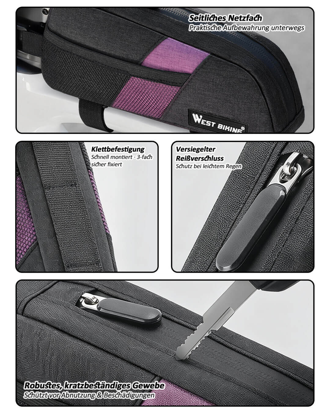 Fahrrad Oberrohrtasche mit kratzfestem Gewebe im Detail.