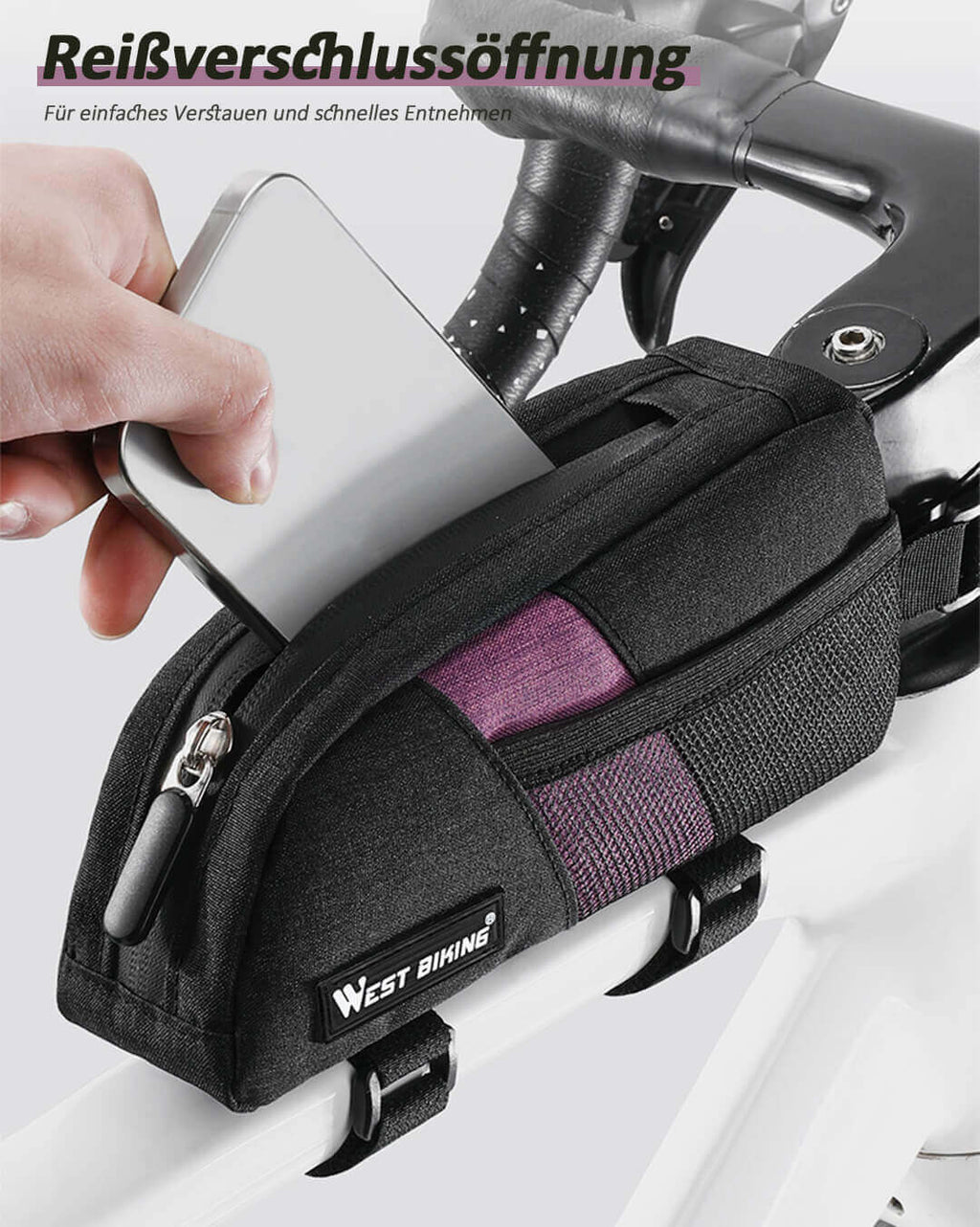 Fahrrad Oberrohrtasche mit Reißverschluss für Smartphone.