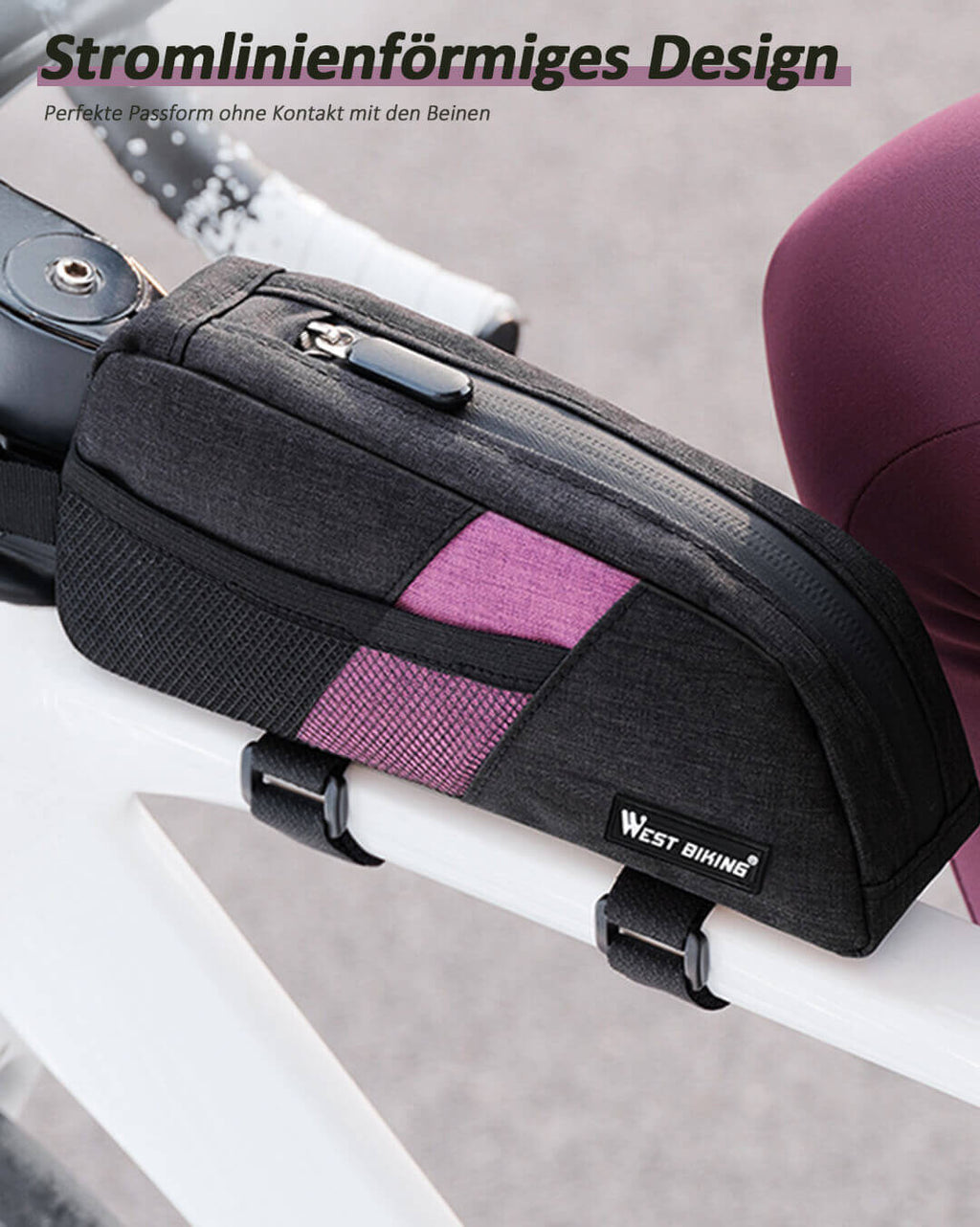 Schlanke Fahrrad Oberrohrtasche berührt die Beine nicht.