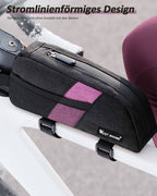 Schlanke Fahrrad Oberrohrtasche berührt die Beine nicht.