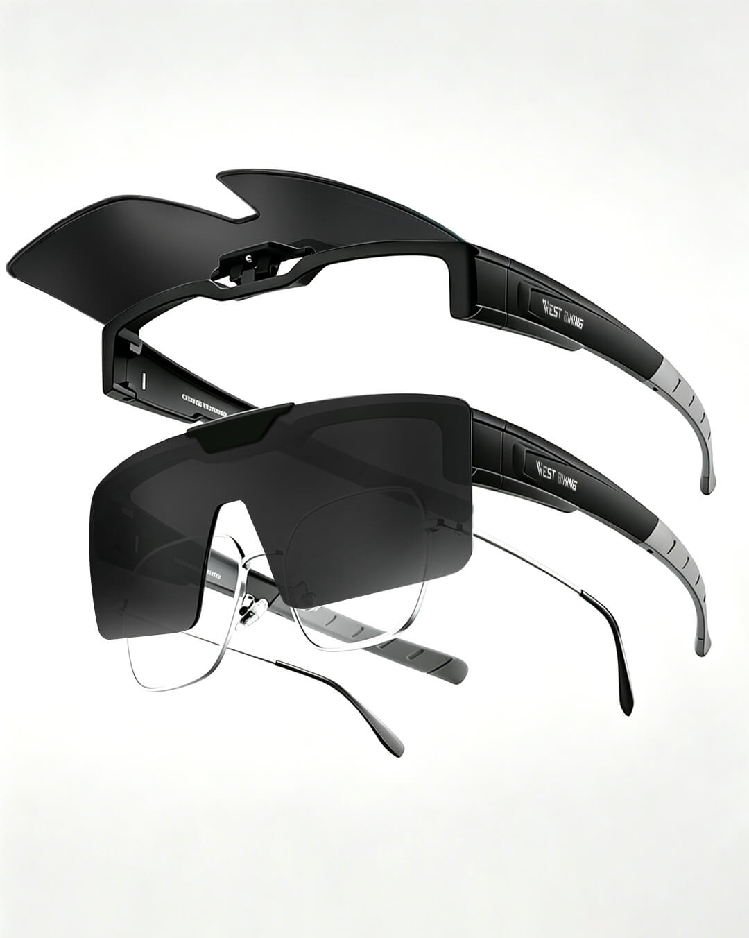 Fahrradbrille für Brillenträger mit Klappfunktion polarisiert in Schwarz