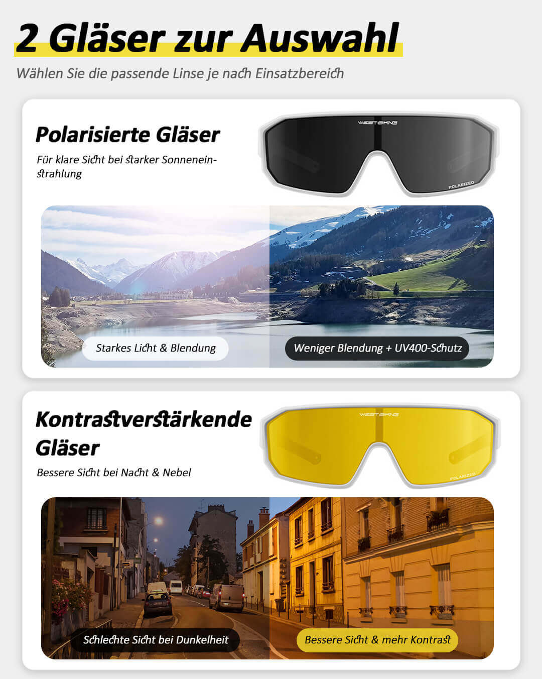 kontrastglas-nachtFahrradbrille mit Kontrastglas für bessere Sicht bei Dunkelheit und wechselnden Lichtbedingungen