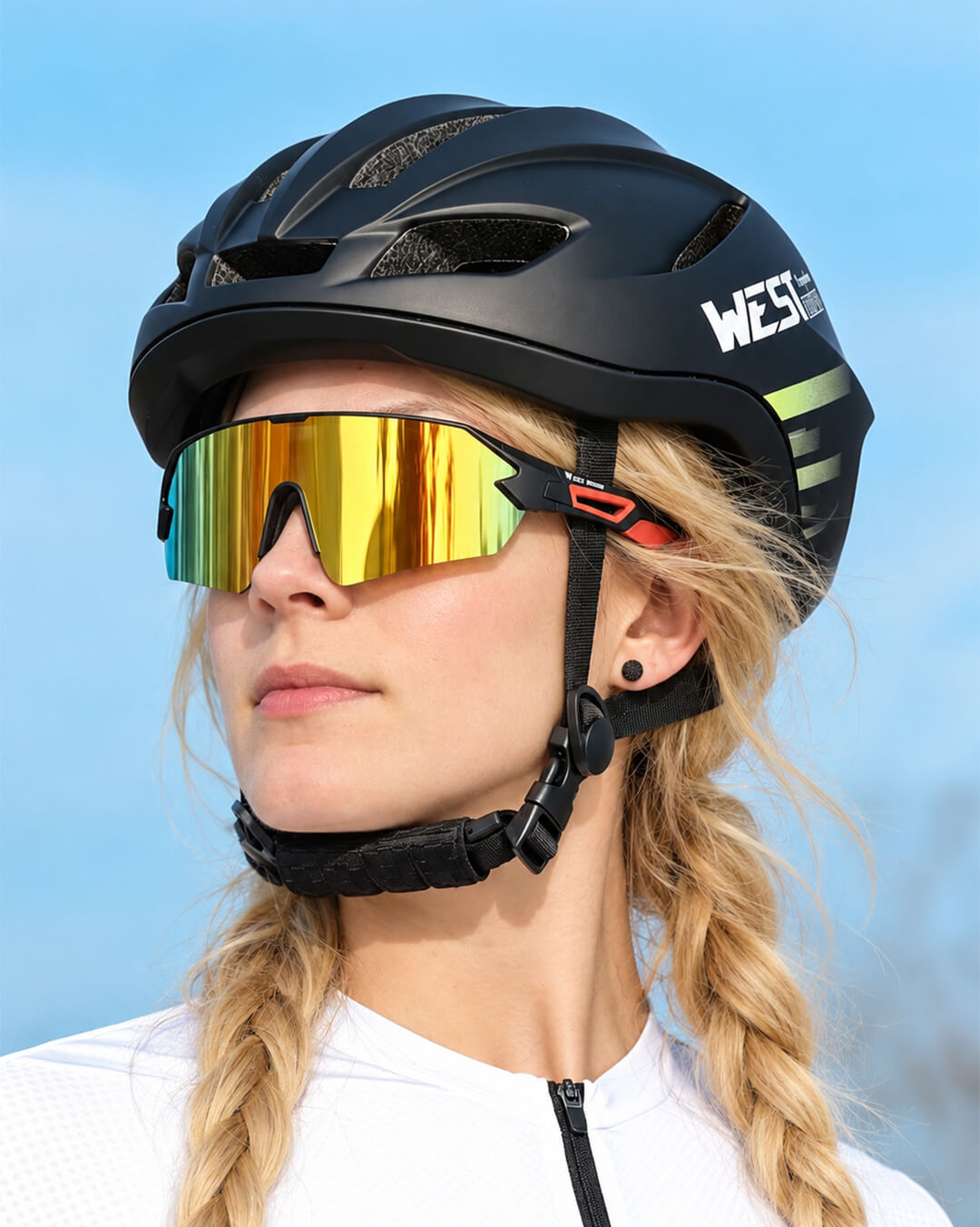 Radfahrerin mit Fahrradbrille und Helm auf dem Rennrad