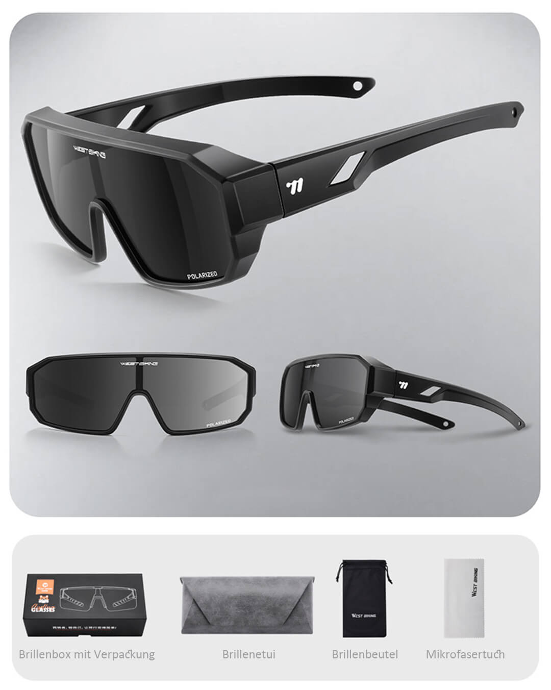 Fahrradbrille Set mit Brillenetui, Beutel und Mikrofasertuch