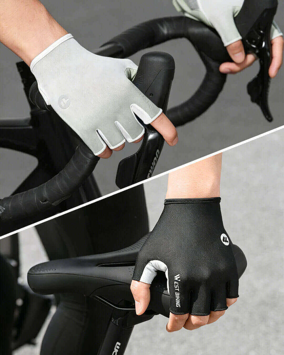 Fahrradhandschuhe Kurzfinger für den Sommer in Schwarz und Weiß am Rennrad Lenker und Fahrradsattel