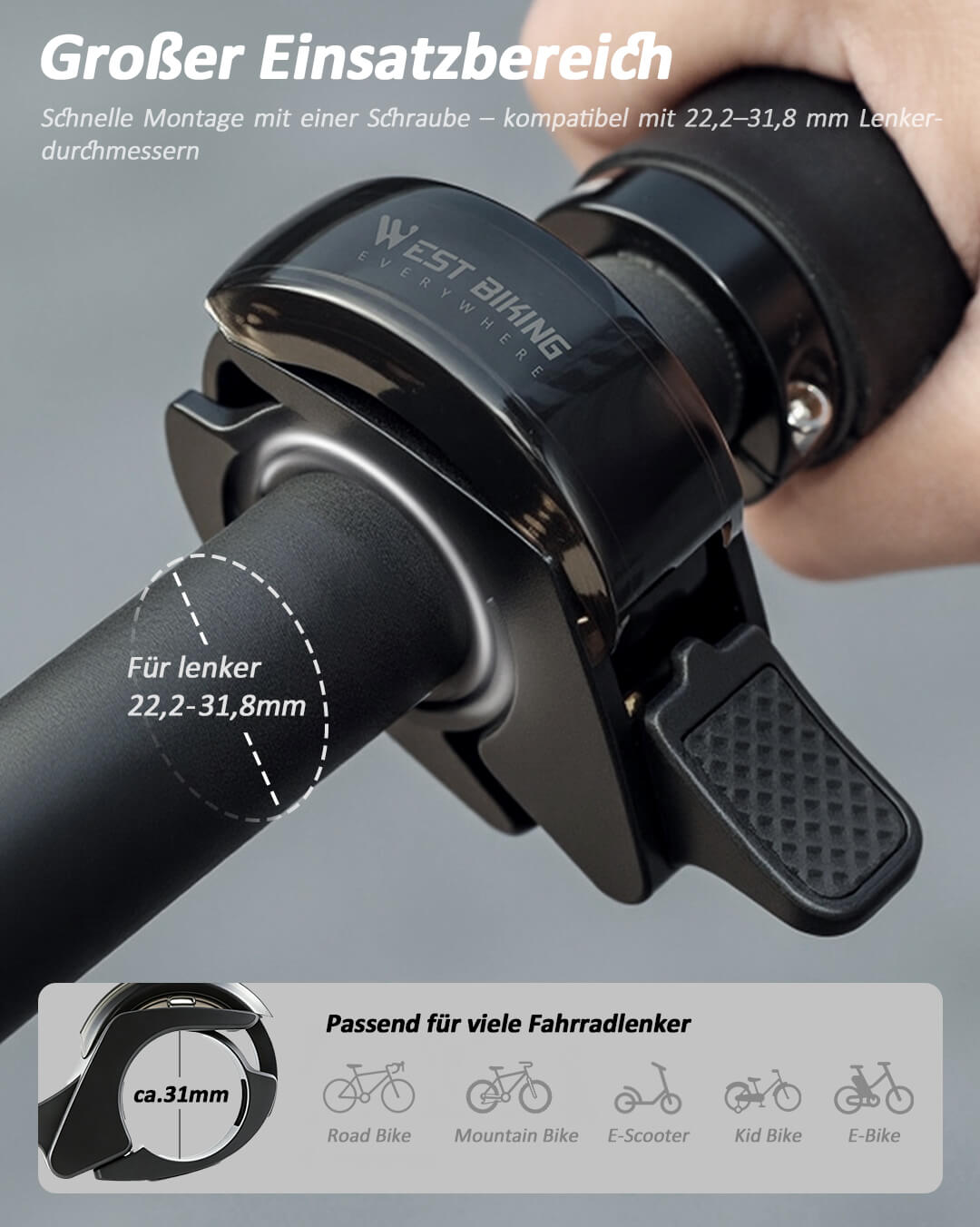 Kompakte Fahrradklingel passend für Lenker 22,2mm bis 31,8mm E-Bike und MTB