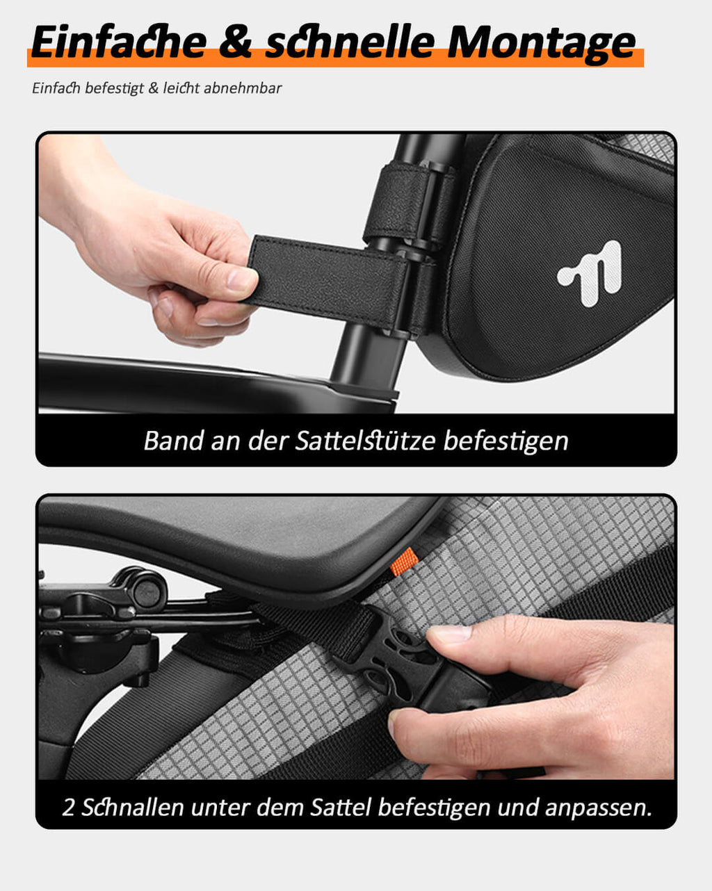 Schnelle Montage der Fahrradsatteltasche mit Schnallen.
