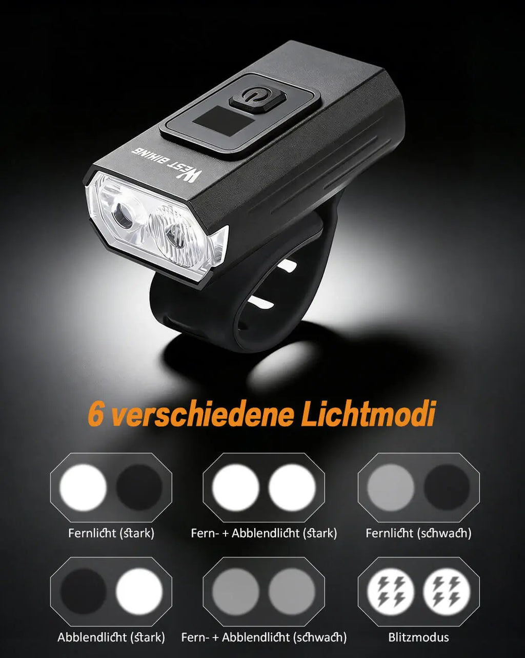 fahrradlicht mit 6 verschiedenen Lichtmodi für jede Fahrsituation.