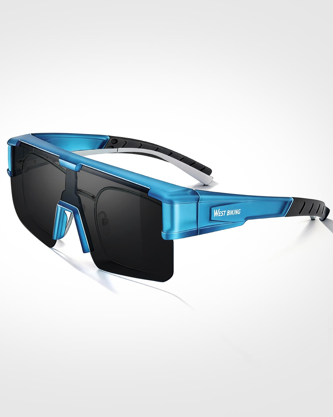 fahrradbrille für brillenträger mit blauem Rahmen für Radsport.