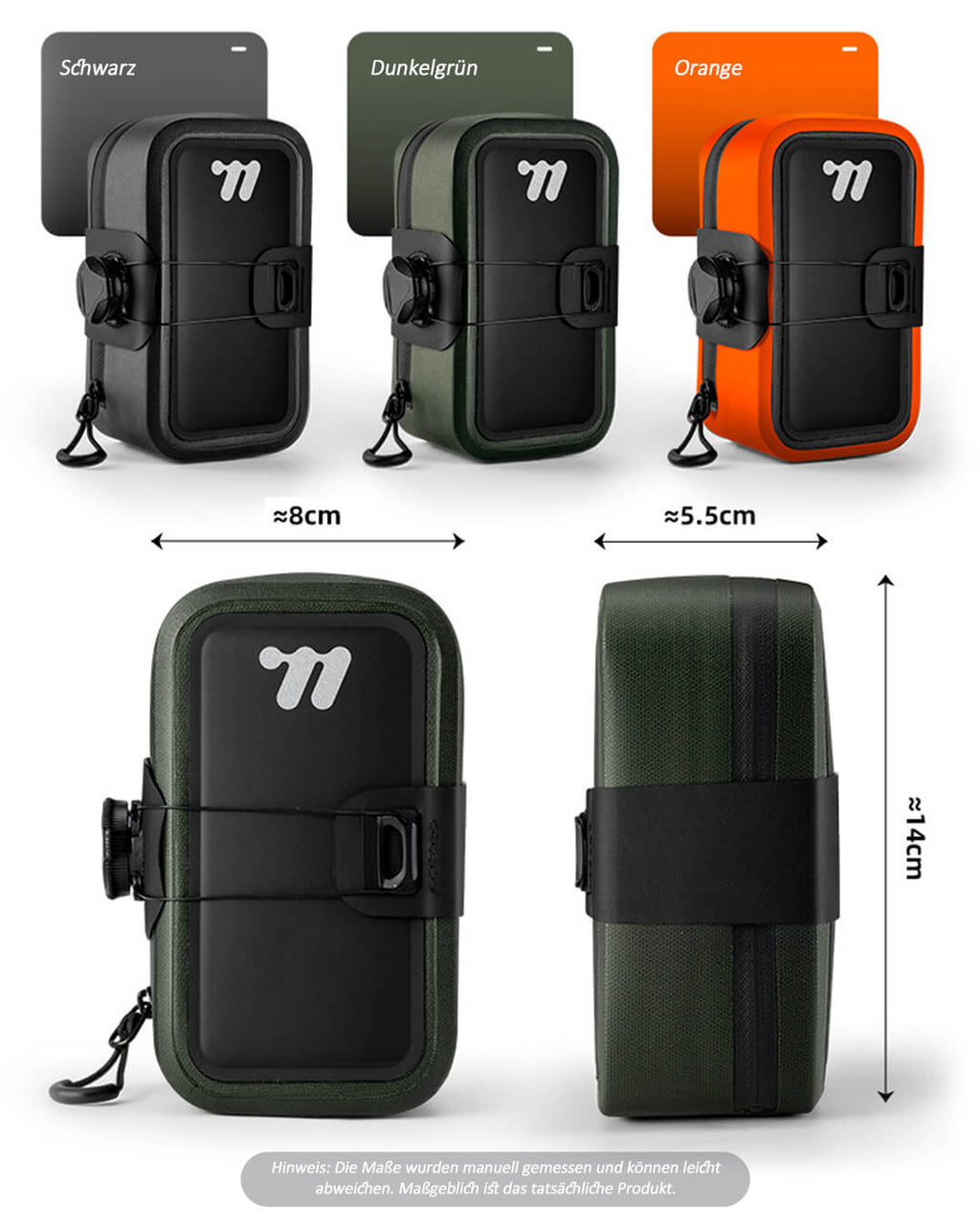 Rennrad Satteltasche Abmessungen 14x8x5.5cm in den Farben Schwarz, Dunkelgrün und Orange