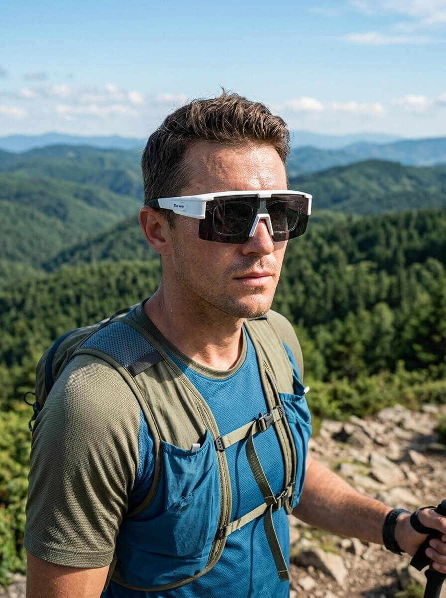 Selbsttönende Sportbrille für Brillenträger beim Wandern in den Bergen – Bequeme Outdoor-Brille direkt über der Sehbrille tragbar bei wechselndem Licht
