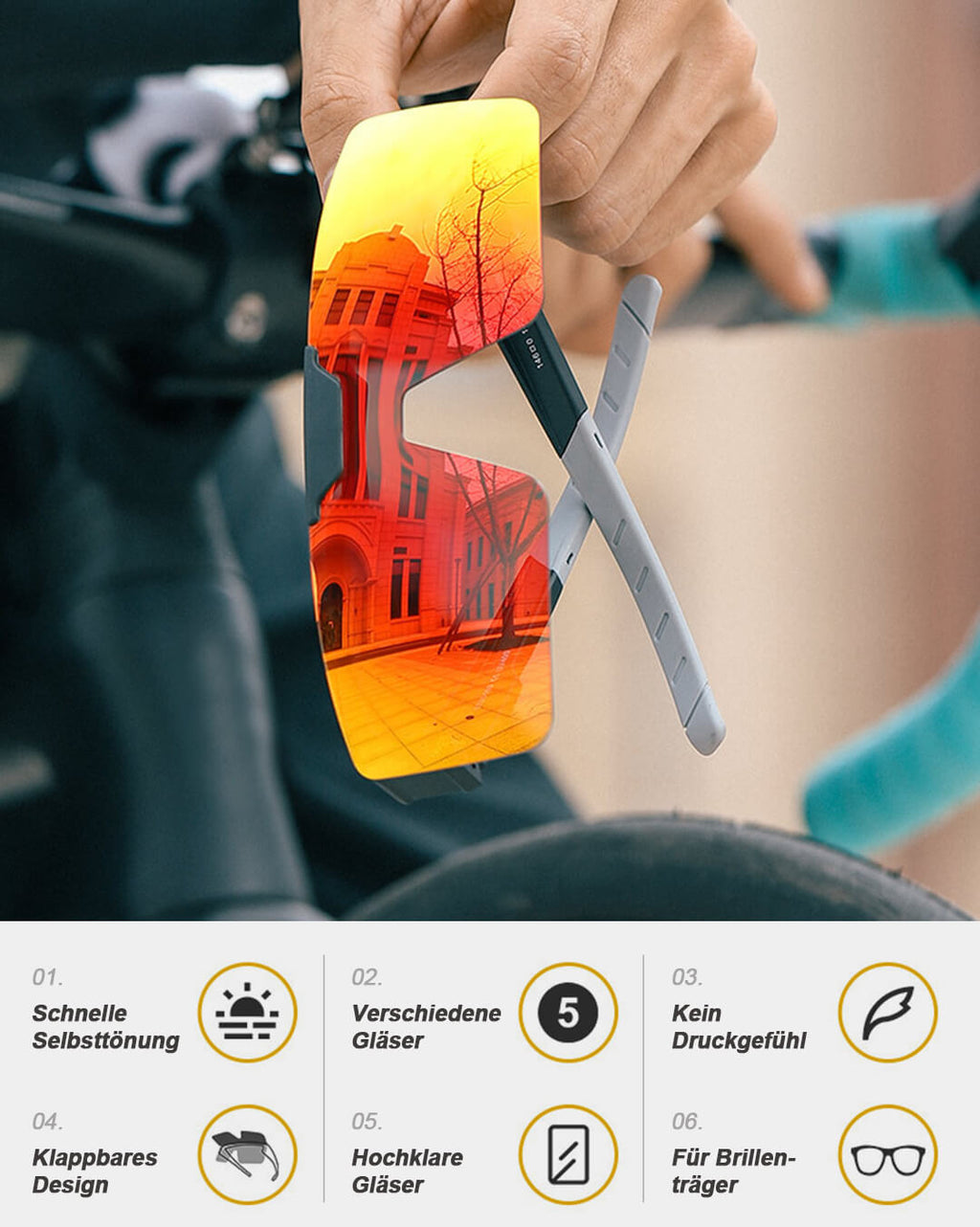 Winddichte Rennradbrille mit 90° Flip-Up Design