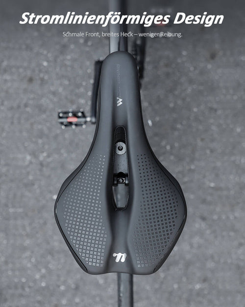 Bequemer und ergonomischer Fahrradsattel aus der Draufsicht – Stromlinienförmiger Rennrad Sattel für Herren und Damen mit schmaler Front für weniger Reibung